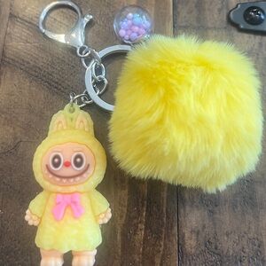 Yellow Plush Pom-Pom Keychain with Cute Character Charm Labubu